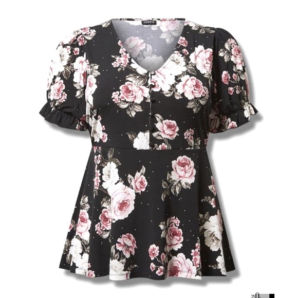 Torrid Pink Roses Babydoll Puff Sleeve Top 3 NWT - Picture 1 of 5